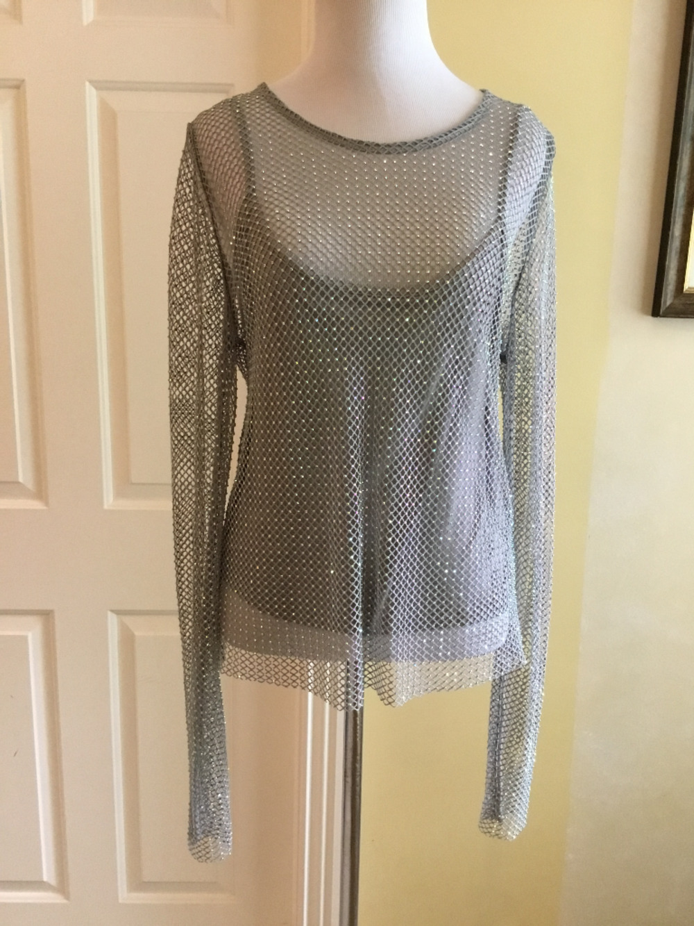 Sunday in Brooklyn Embellished Rhinestone Mesh Long Sleeve Top